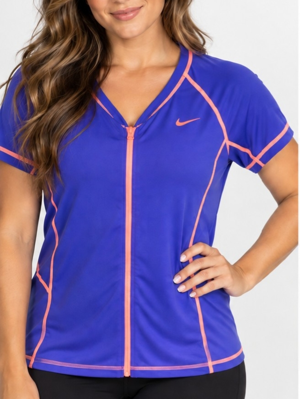 Nike Women XL Purple Pink Full Zip Short Sleeve Running Athletic Top Dri Fit